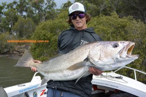 Tom White with the biggest Mulloway on soft plastic on my vessel from this past winter. An impressive fish at 118cm released after a few pics.